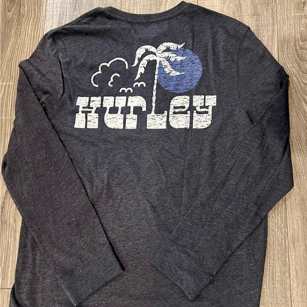 Hurley Men’s Long Sleeve Henley Shirt Surf Beach Blue Palm Tree Size Large